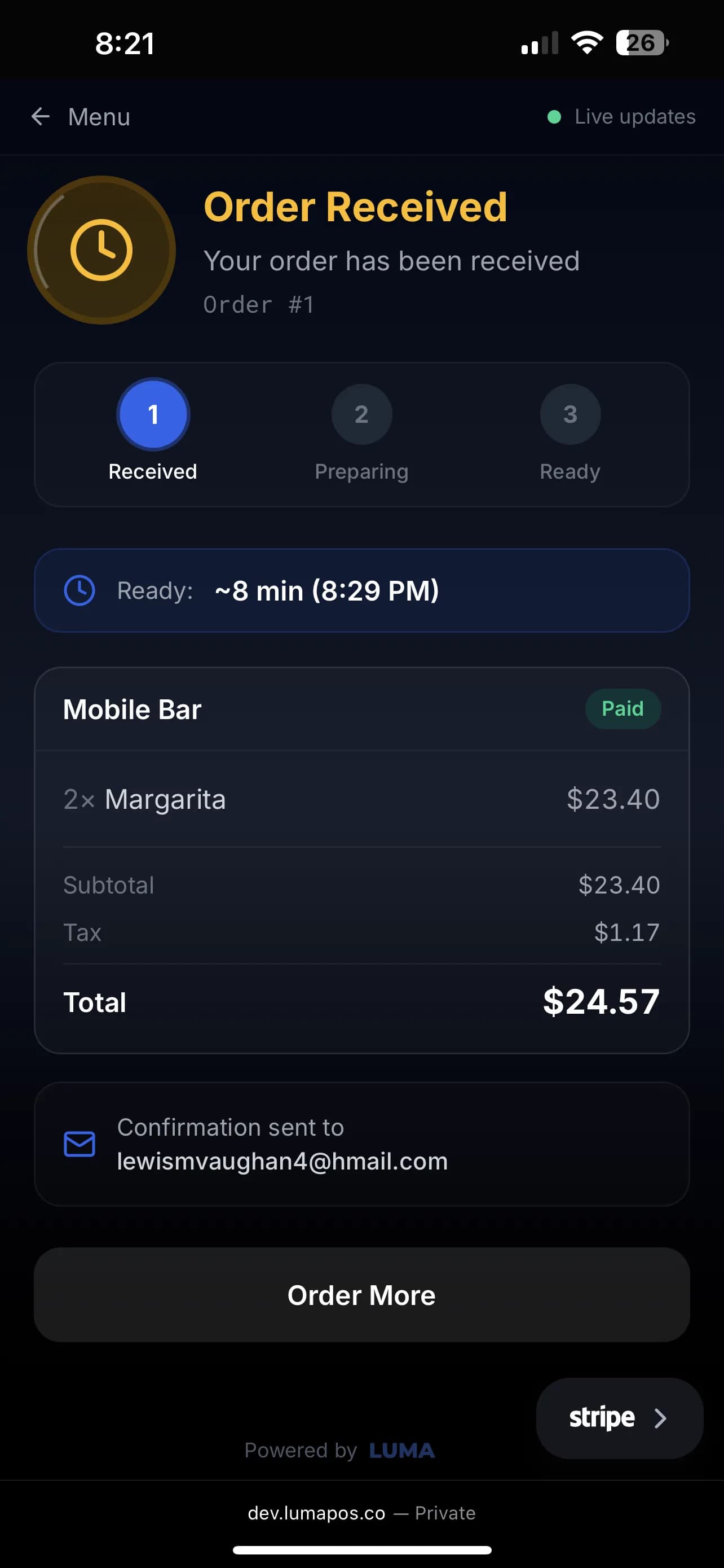 Customer tracking order status on phone